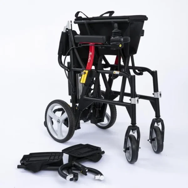 A black wheelchair with wheels and attachments.