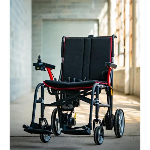 A wheelchair with wheels and a seat for the back.