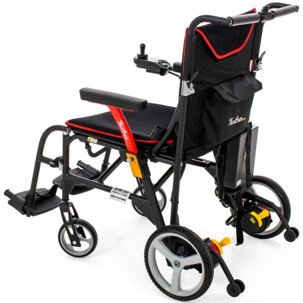 A black and red wheelchair with wheels