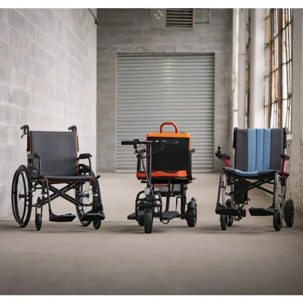 Three wheelchairs are lined up in a row.