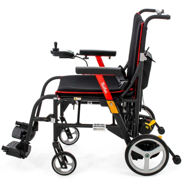 A wheelchair with the seat folded down and the wheels extended.