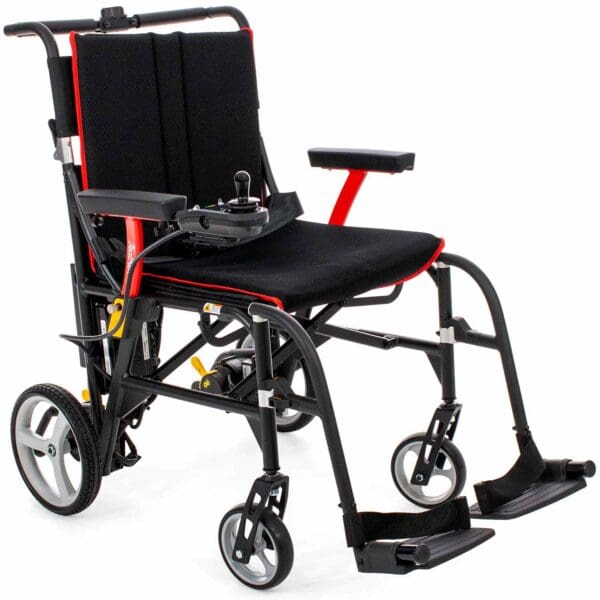 A wheelchair with wheels and seat cushion on it.