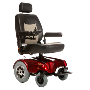 A red motorized wheelchair with the seat up.