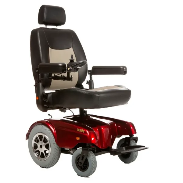 A red motorized wheelchair with black seat and back.