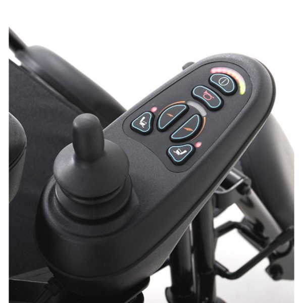 A close up of the control panel on a black scooter.