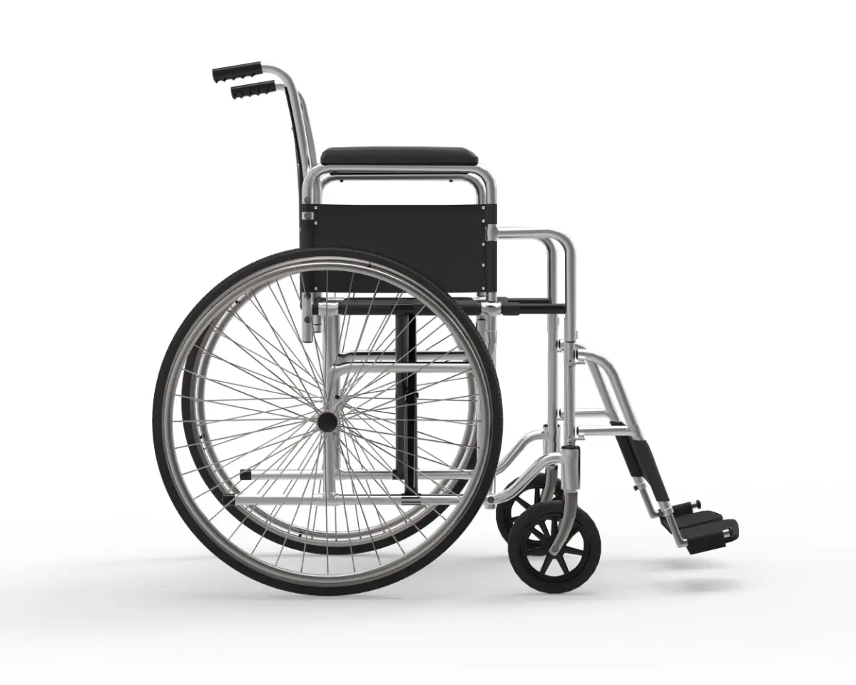 A wheelchair with wheels and the seat folded down.