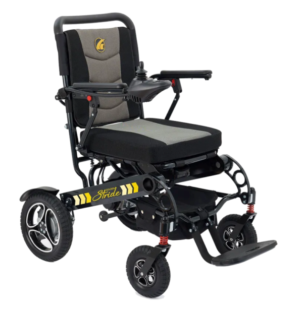 A black and gray wheelchair with wheels