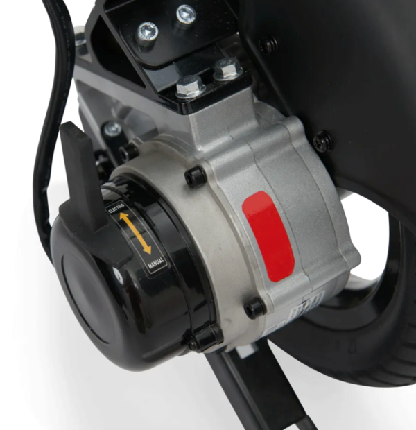 A close up of the motor and controls on a scooter.