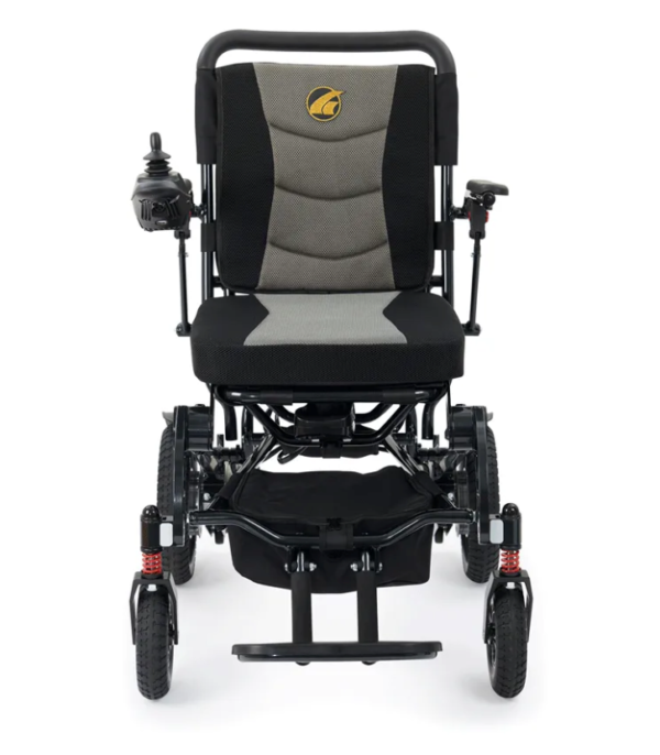 A wheelchair with the seat folded down.