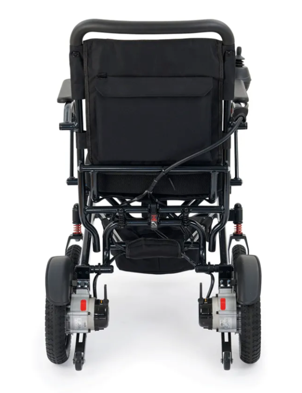 A back view of the seat and wheels on a wheelchair.