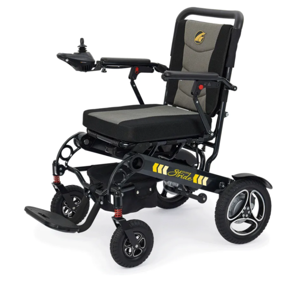 A black and gray wheelchair with wheels on the ground