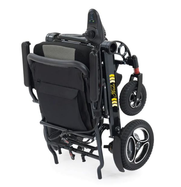 A black wheelchair with a back pack on it.