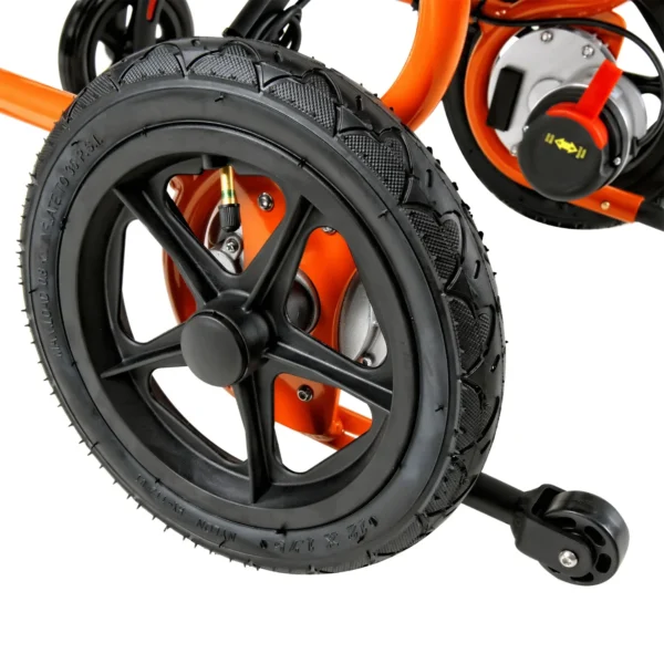 A close up of the front wheel on an orange bicycle.