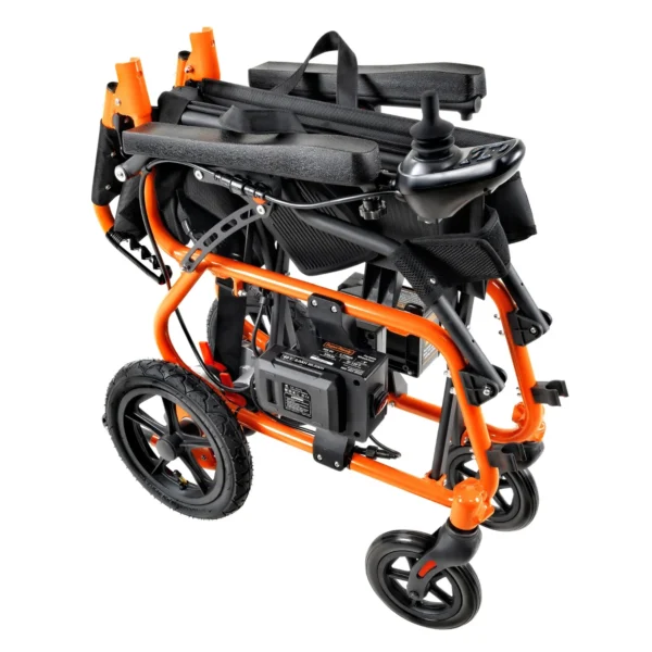 A orange and black wheelchair with wheels.