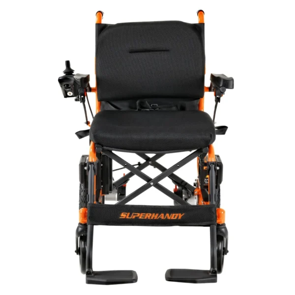 A wheelchair with an orange frame and black seat.