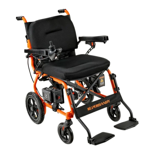 A wheelchair with an orange frame and black seat.