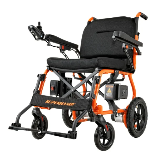 A wheelchair with an orange frame and black seat.