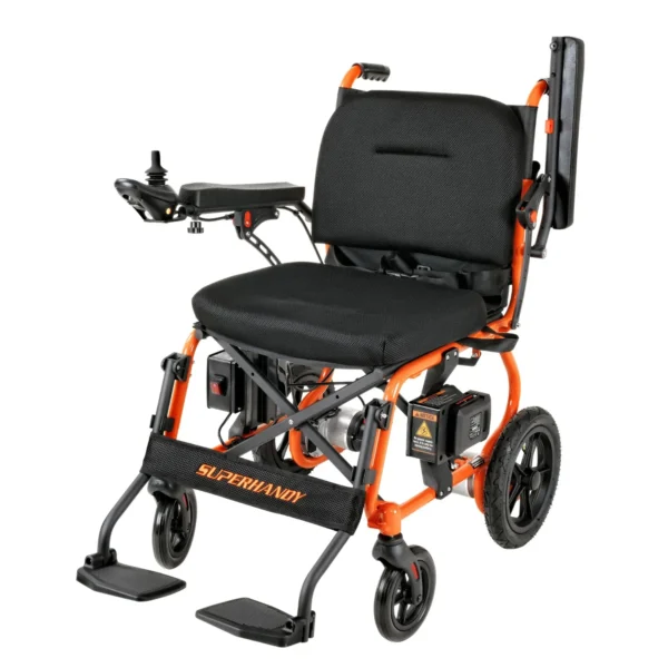 A wheelchair with an orange frame and black seat.