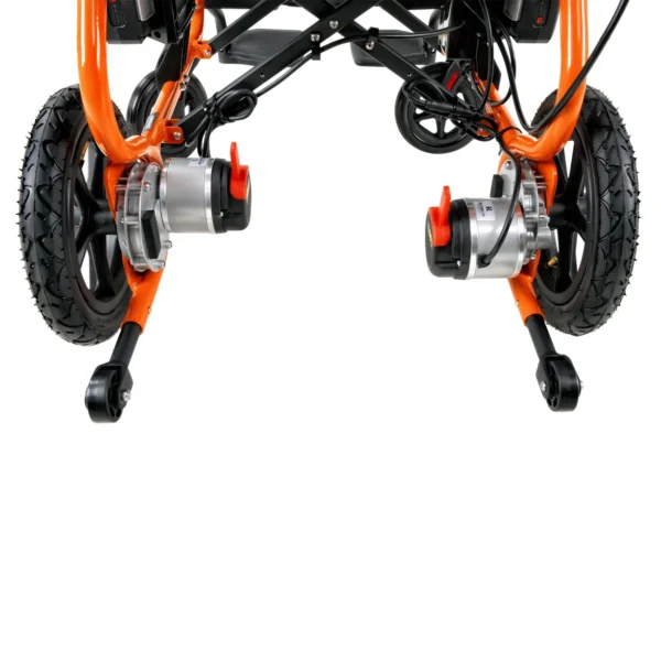 A close up of the wheels on an orange and black bicycle.