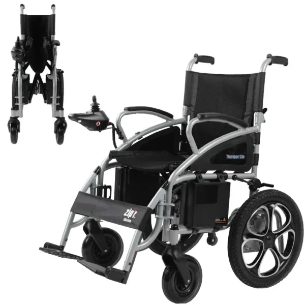 A wheelchair with wheels and seat folded down.