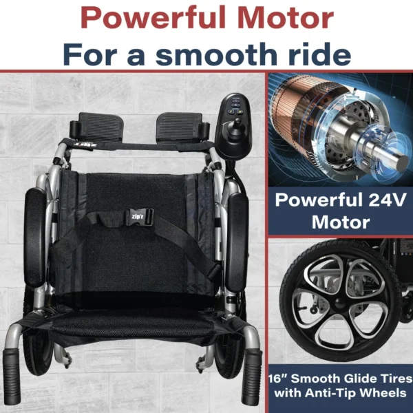 A black wheelchair with wheels and the words powerful motor for a smooth ride.