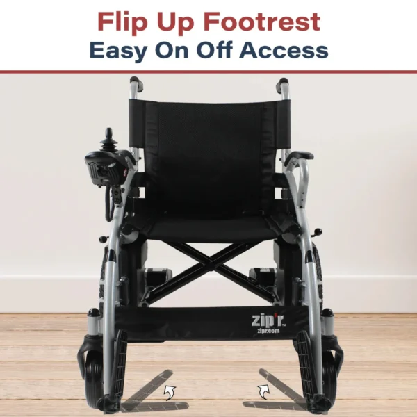 A wheelchair with the words " flip up footrest easy on off access ".