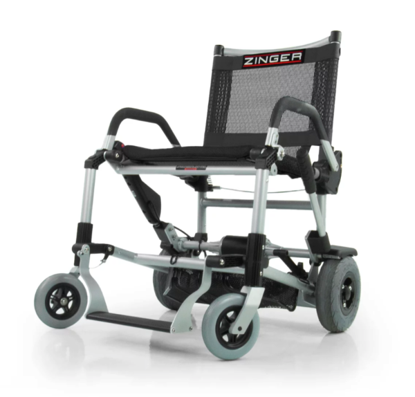 A black and silver wheelchair with wheels