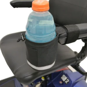 A bottle of water is sitting on the back of a wheelchair.