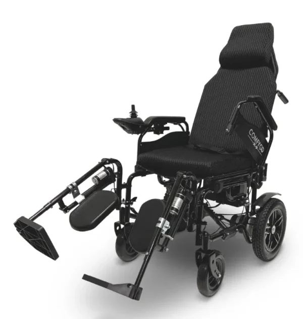 A black wheelchair with its seat up and the back rest down.