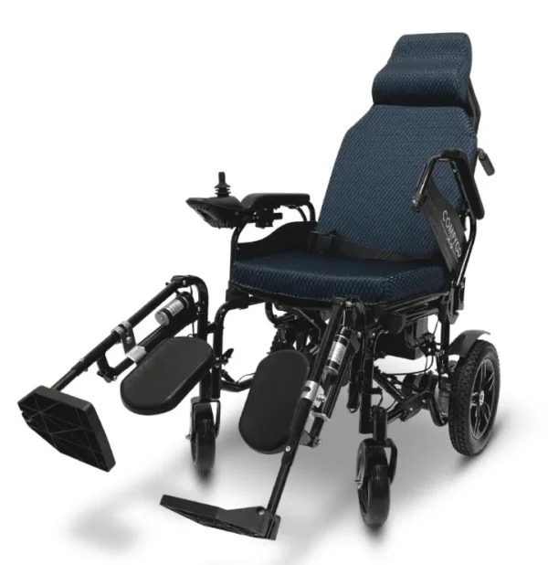 A blue wheelchair with two wheels and the seat reclined.