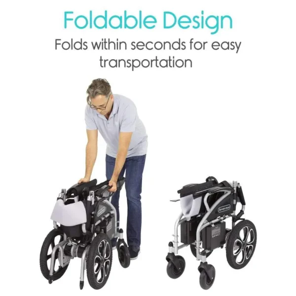 A man pushing a wheelchair with the text " foldable design folds within seconds for easy transportation ".