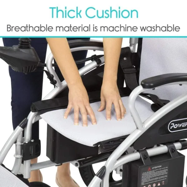 A person in a wheelchair with the text " thick cushion breathable material is machine washable ".