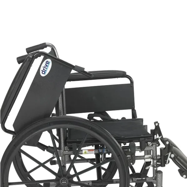 A wheelchair with the back seat folded down.