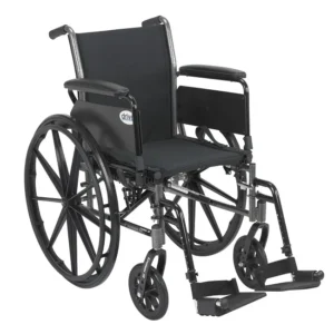 A wheelchair with wheels and black fabric seat.