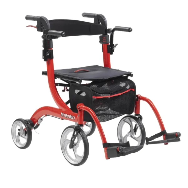 A red walker with wheels and seat attached to it.