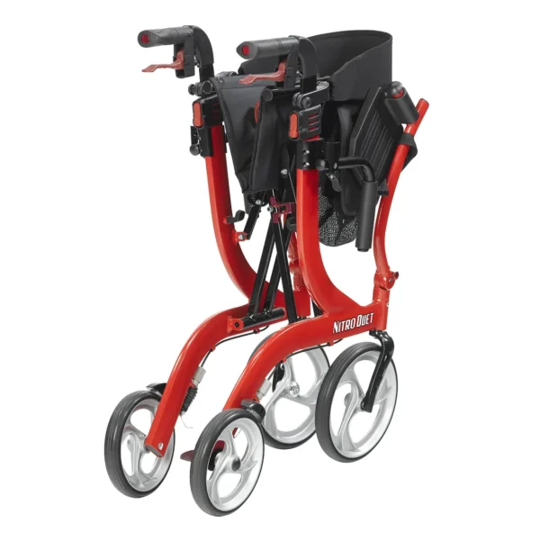 A red walker with wheels and seat.