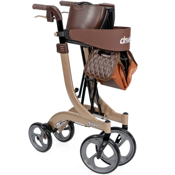 A beige walker with brown wheels and a bag on the back.