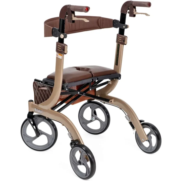 A walker with wheels and seat attached to it.