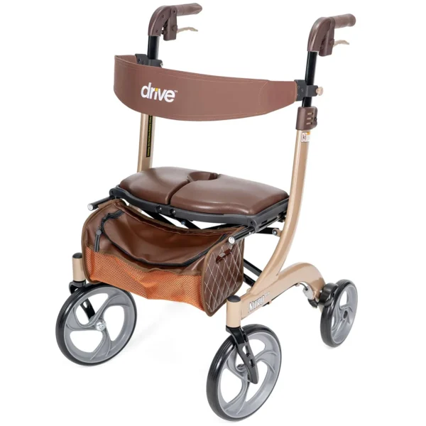 A walker with wheels and seat for the back.