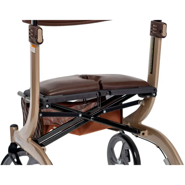A brown wheelchair with a seat and back cushion.
