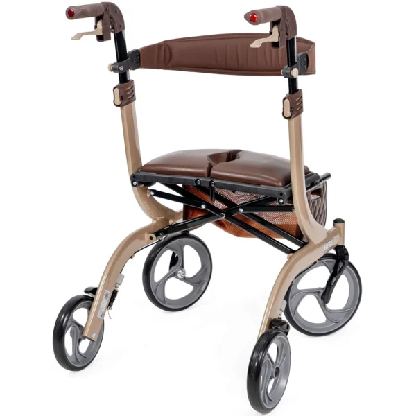 A walker with wheels and seat on it.