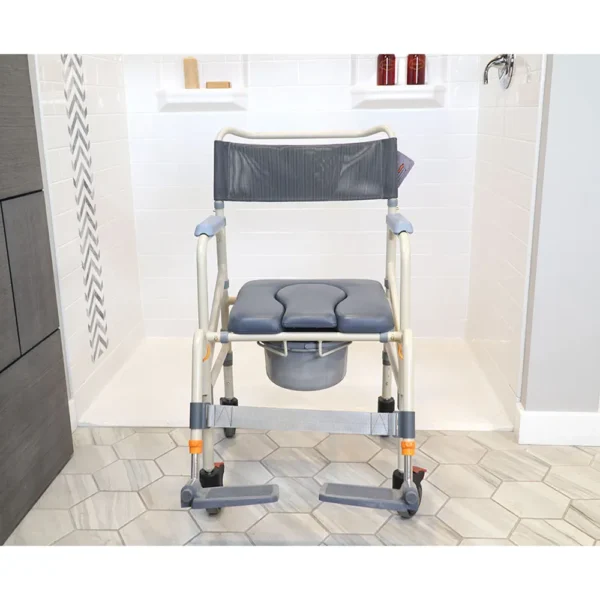 A shower chair with wheels and seat.