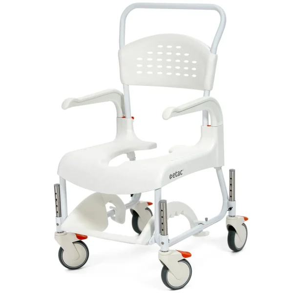 A white shower chair with wheels and a seat.