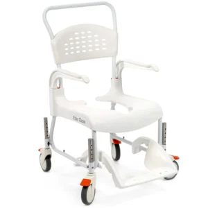 A white shower chair with wheels and orange handles.
