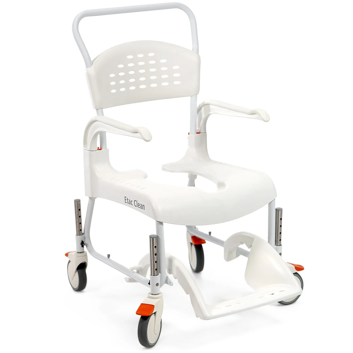 A white shower chair with wheels and orange handles.