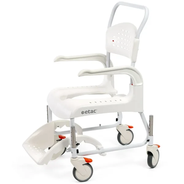 A white shower chair with wheels and foot rest.