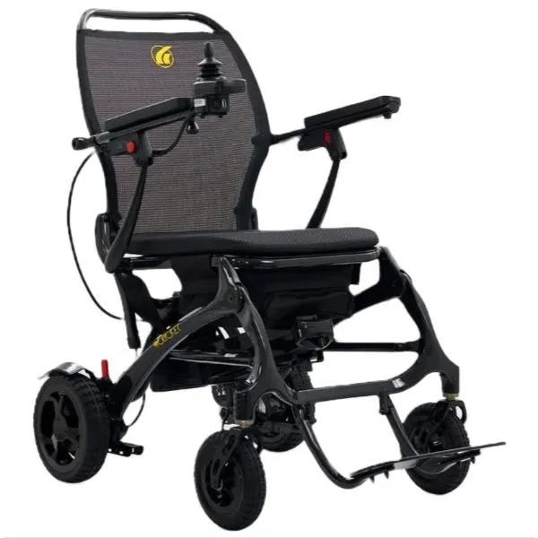 A black wheelchair with wheels and seat.