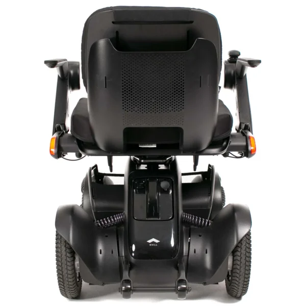 A rear view of the back of a black scooter.