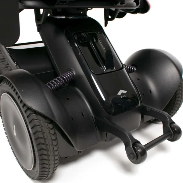 A close up of the wheels on a black scooter