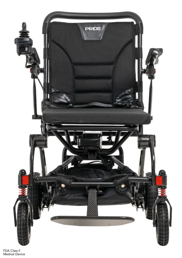 A black wheelchair with wheels and the seat folded down.